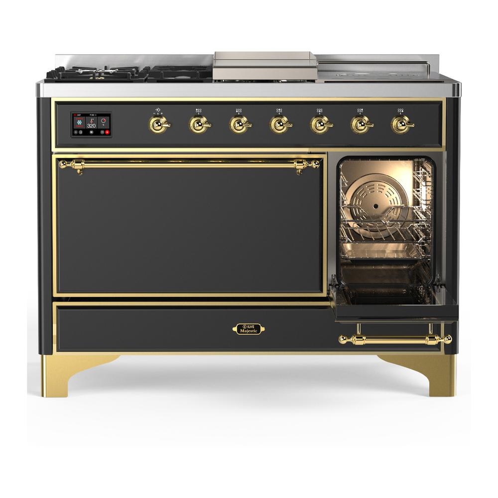 ILVE UM48FSQNR3MGGLP Majestic III 48 inch Dual Fuel Range with 5 Black Brass Burners, Griddle and French Top, Dual Function Burner up to 25,000 BTU (Liquid Propane, Solid Door, Graphite Matte, Brass)