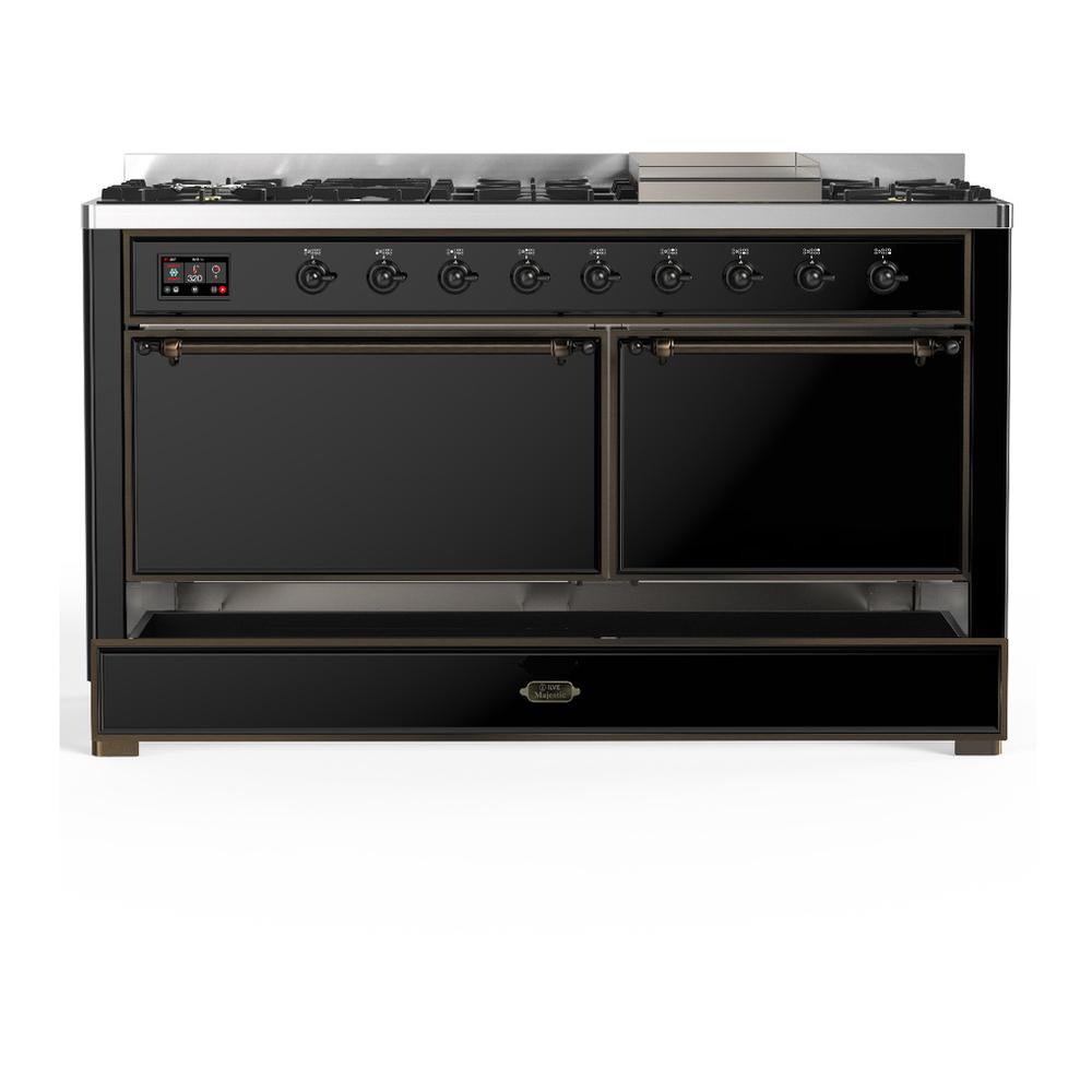 ILVE UM60FQNR3BKBLP Majestic III 60 inch Dual Fuel Range with 9 Burners and Griddle, Dual Function Burner up to 25,000 BTU (Liquid Propane, Solid Door, Glossy Black, Burnished)