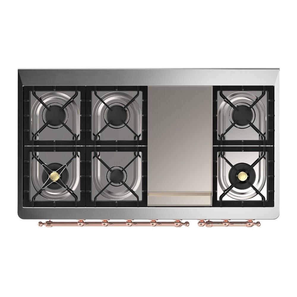 ILVE UM48FNR3MBPLP Majestic III 48 inch Dual Fuel Range with 8 Burners and Griddle, Dual Function Burner up to 25,000 BTU (Liquid Propane, Triple Glass Door, Midnight Blue, Copper)