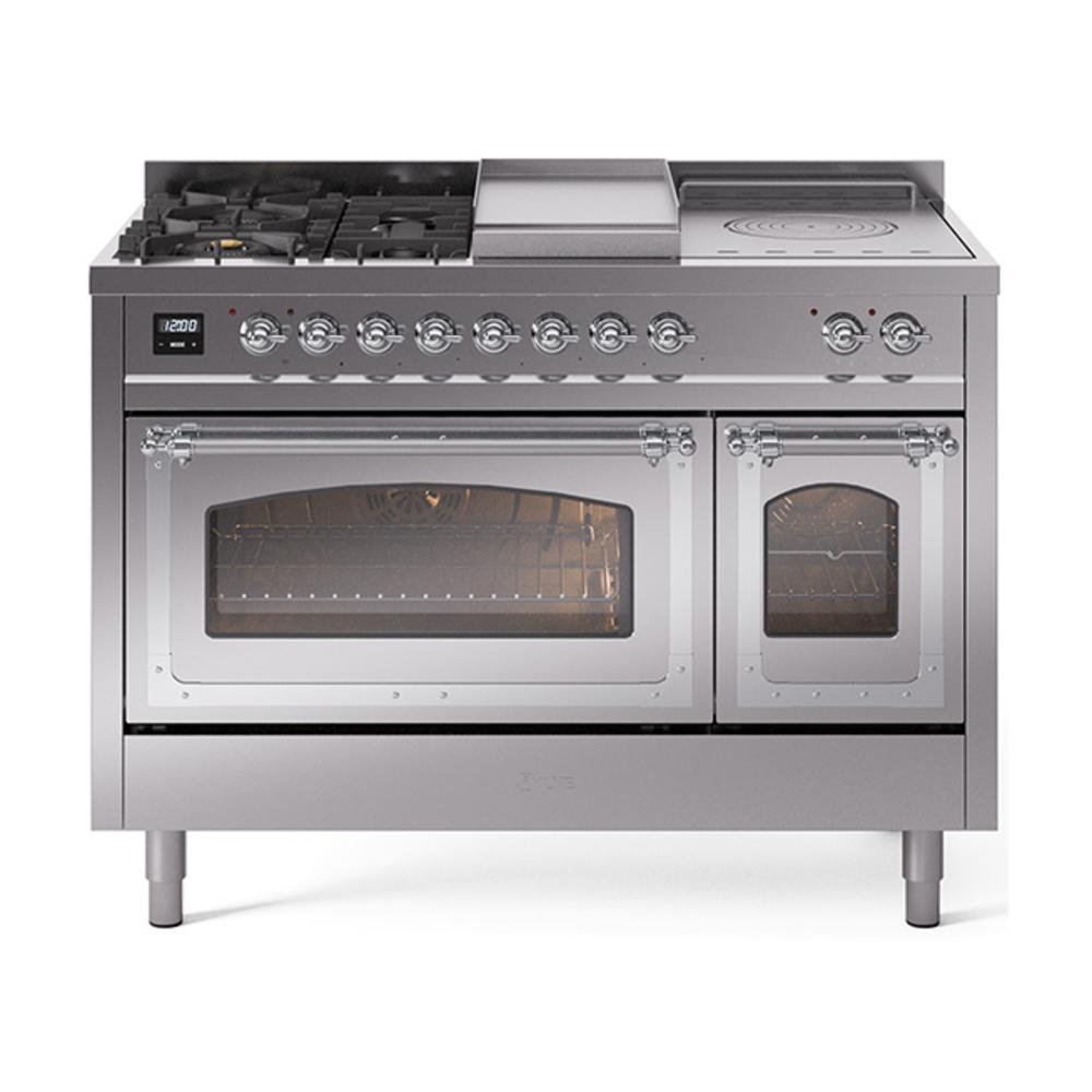 ILVE UN48FSNMPSSC Nostalgie II Noblesse 48 inch Dual Fuel Range (5 Sealed Burners + Griddle + French Top, Natural Gas, Triple Glass Door, Stainless Steel, Chrome)