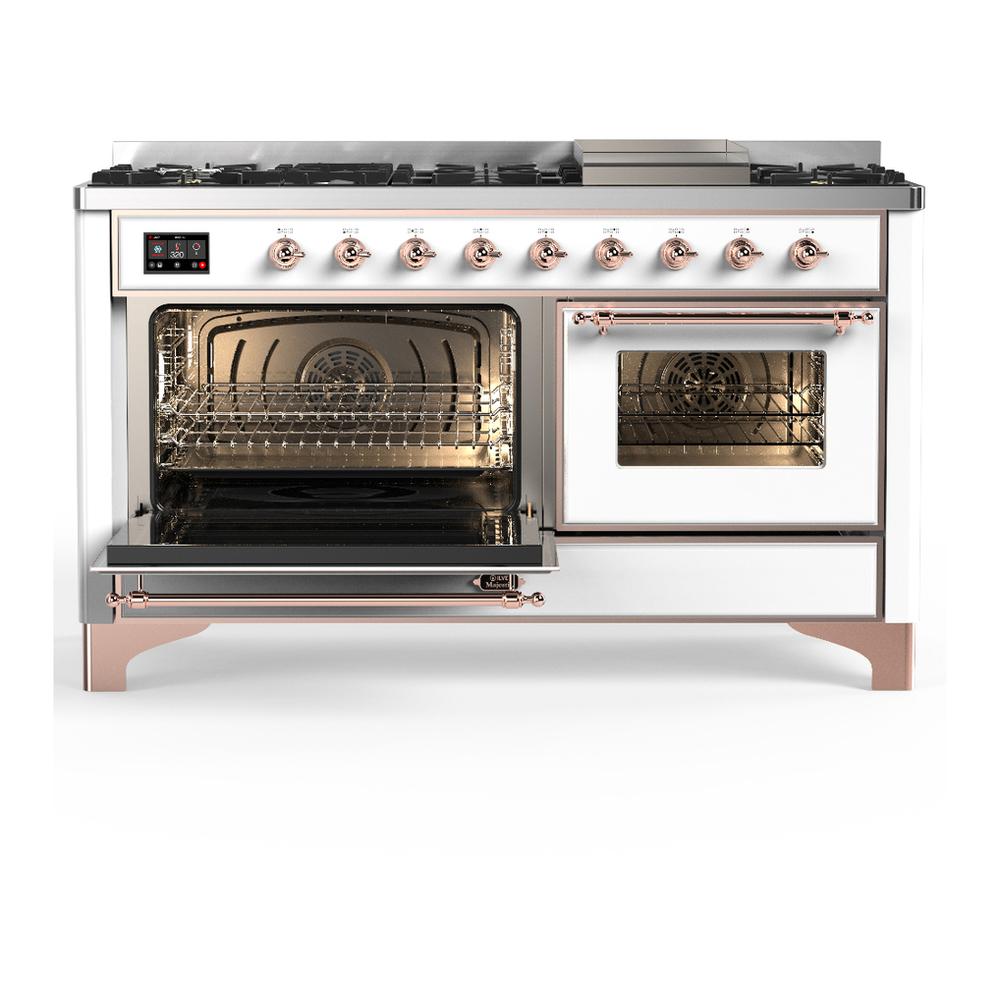 ILVE UM60FNR3WHPLP Majestic III 60 inch Dual Fuel Range with 9 Burners and Griddle, Dual Function Burner up to 25,000 BTU (Liquid Propane, Triple Glass Door, White, Copper)