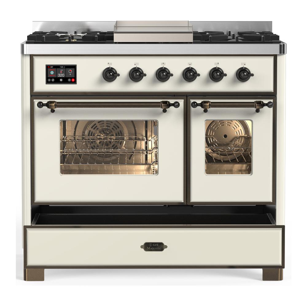 ILVE UMD40FNR3AWBLP Majestic III 40 inch Dual Fuel Range with 6 Burners and Griddle, Dual Function Burner up to 25,000 BTU (Liquid Propane, Triple Glass Door, Antique White, Burnished)