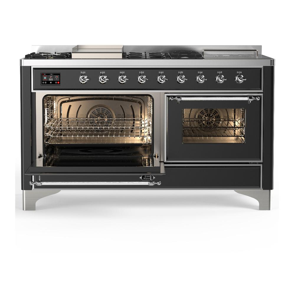 ILVE UM60FSNR3MGCLP Majestic III 60 inch Dual Fuel Range with 7 Burners, Griddle and French Top, Dual Function Burner with up to 25,000 BTU (Liquid Propane, Triple Glass Door, Graphite Matte, Chrome)