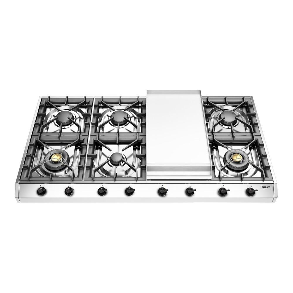 ILVE UHCP1265FNSSBLP Nostalgie II 48 inch Built-In Gas Cooktop with 8 Burners, Griddle, in Stainless Steel (Liquid Propane, Burnished)