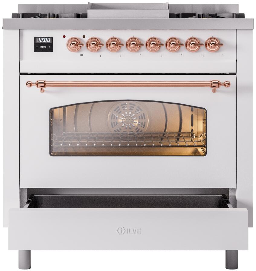 Nostalgie II 36 Inch Dual Fuel Natural Gas Freestanding Range in White with Copper Trim
