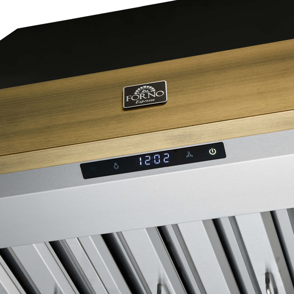 Forno Vittorio 36-Inch Wall Mount Range Hood, Black with Antique Brass Trim, 600 CFM Airflow, Dishwasher-Safe Baffle Filters, Remote Control, 3-Speed Fan, Bright LED Lighting.