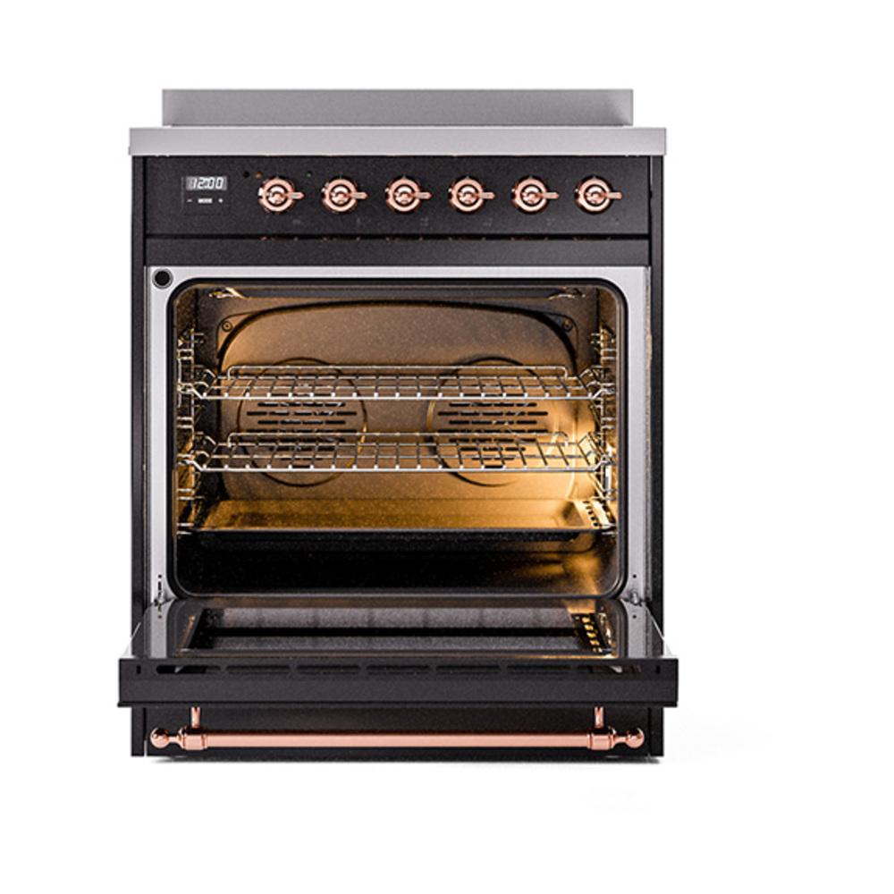 ILVE UNI304NMPBKP Nostalgie II Noblesse 30 inch Induction Range (Triple Glass Door, Glossy Black, Copper)