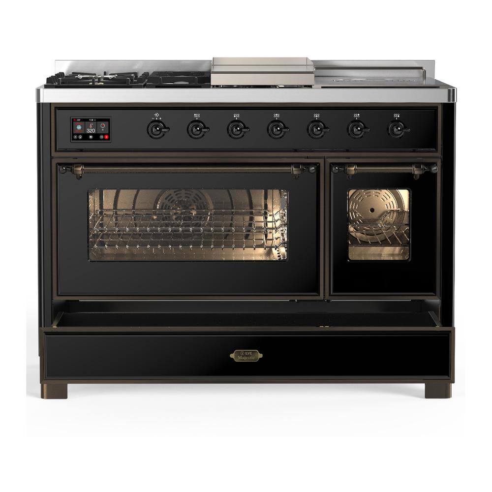 ILVE UM48FSNR3BKB Majestic III 48 inch Dual Fuel Range with 5 Black Brass Burners, Griddle and French Top, Dual Function Burner up to 25,000 BTU (Natural Gas, Triple Glass Door, Glossy Black, Burnished)