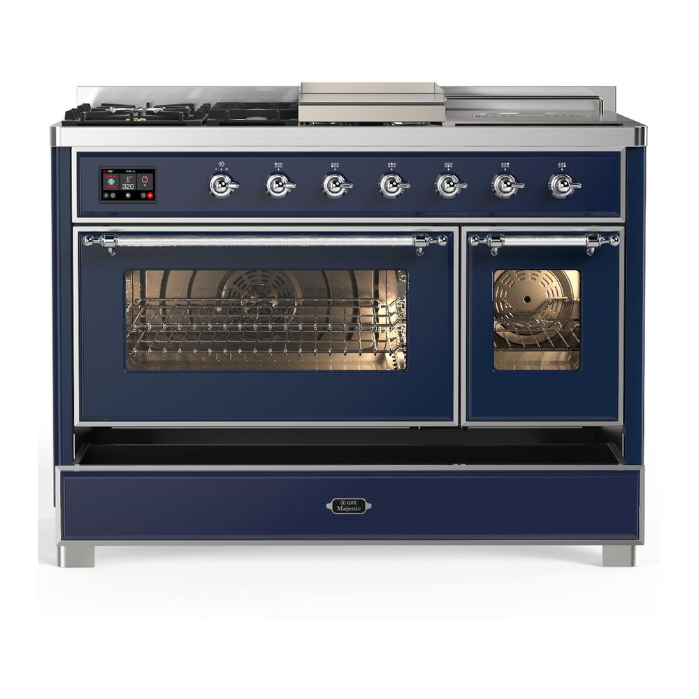 ILVE UM48FSNR3MBC Majestic III 48 inch Dual Fuel Range with 5 Black Brass Burners, Griddle and French Top, Dual Function Burner up to 25,000 BTU (Natural Gas, Triple Glass Door, Midnight Blue, Chrome)