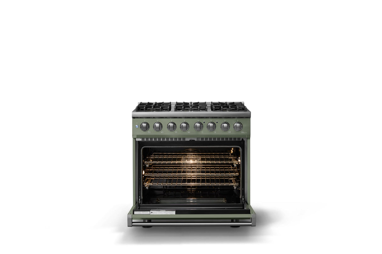 36"W. Dual Fuel Range (Burner: 6b, Finish: Eucalyptus, Trim: Polished Chrome, Fuel: Natural Gas)