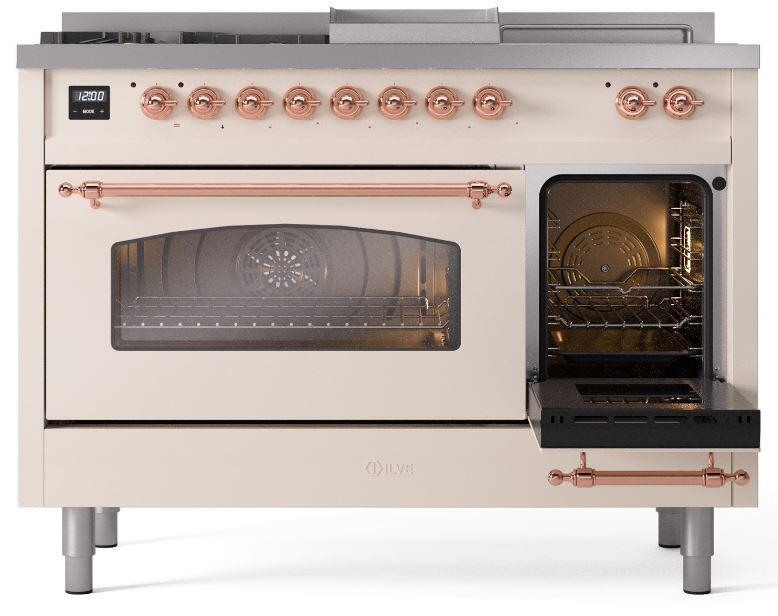 Nostalgie II 48 Inch Dual Fuel Liquid Propane Freestanding Range in Antique White with Copper Trim