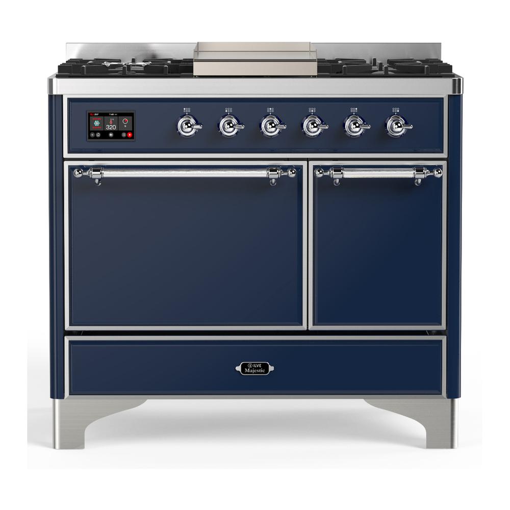 ILVE UMD40FQNR3MBCLP Majestic III 40 inch Dual Fuel Range with 6 Burners and Griddle, Dual Function Burner up to 25,000 BTU (Liquid Propane, Solid Door, Midnight Blue, Chrome)