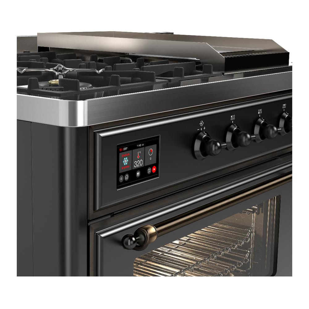ILVE UM48FSNR3MGBLP Majestic III 48 inch Dual Fuel Range with 5 Black Brass Burners, Griddle and French Top, Dual Function Burner up to 25,000 BTU (Liquid Propane, Triple Glass Door, Graphite Matte, Burnished)