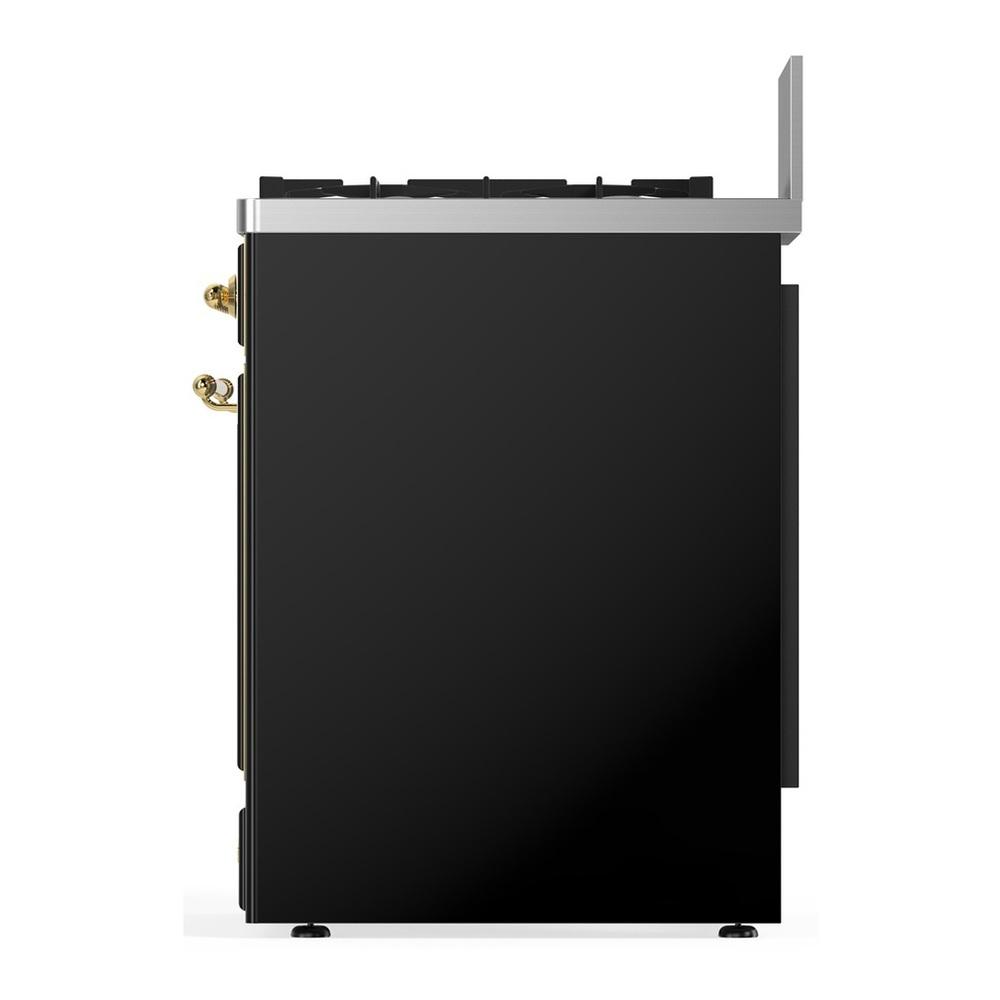 ILVE UM30QNR3BKG Majestic III 30 inch Dual Fuel Range with 5 Black Brass Burners, Dual Function Burner up to 25,000 BTU (Natural Gas, Solid Door, Glossy Black, Brass)
