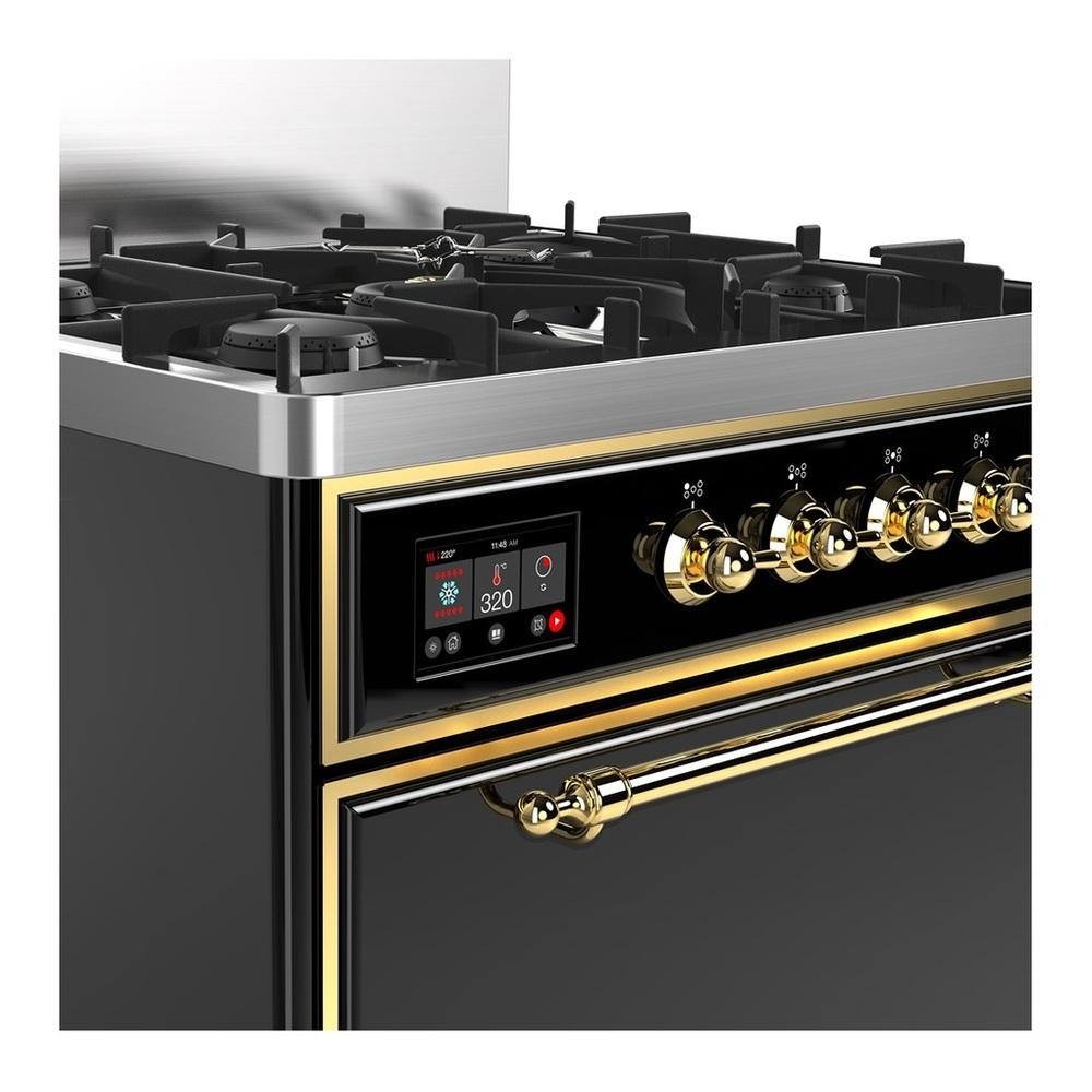 ILVE UM30QNR3BKG Majestic III 30 inch Dual Fuel Range with 5 Black Brass Burners, Dual Function Burner up to 25,000 BTU (Natural Gas, Solid Door, Glossy Black, Brass)