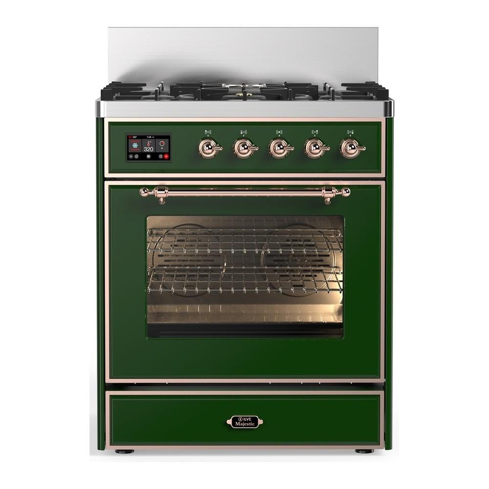 ILVE UM30NR3EGP Majestic III 30 inch Dual Fuel Range with 5 Black Brass Burners, Dual Function Burner up to 25,000 BTU (Natural Gas, Triple Glass Door, Emerald Green, Copper)