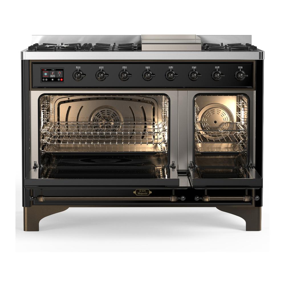 ILVE UM48FQNR3BKB Majestic III 48 inch Dual Fuel Range with 8 Burners and Griddle, Dual Function Burner up to 25,000 BTU (Natural Gas, Solid Door, Glossy Black, Burnished)