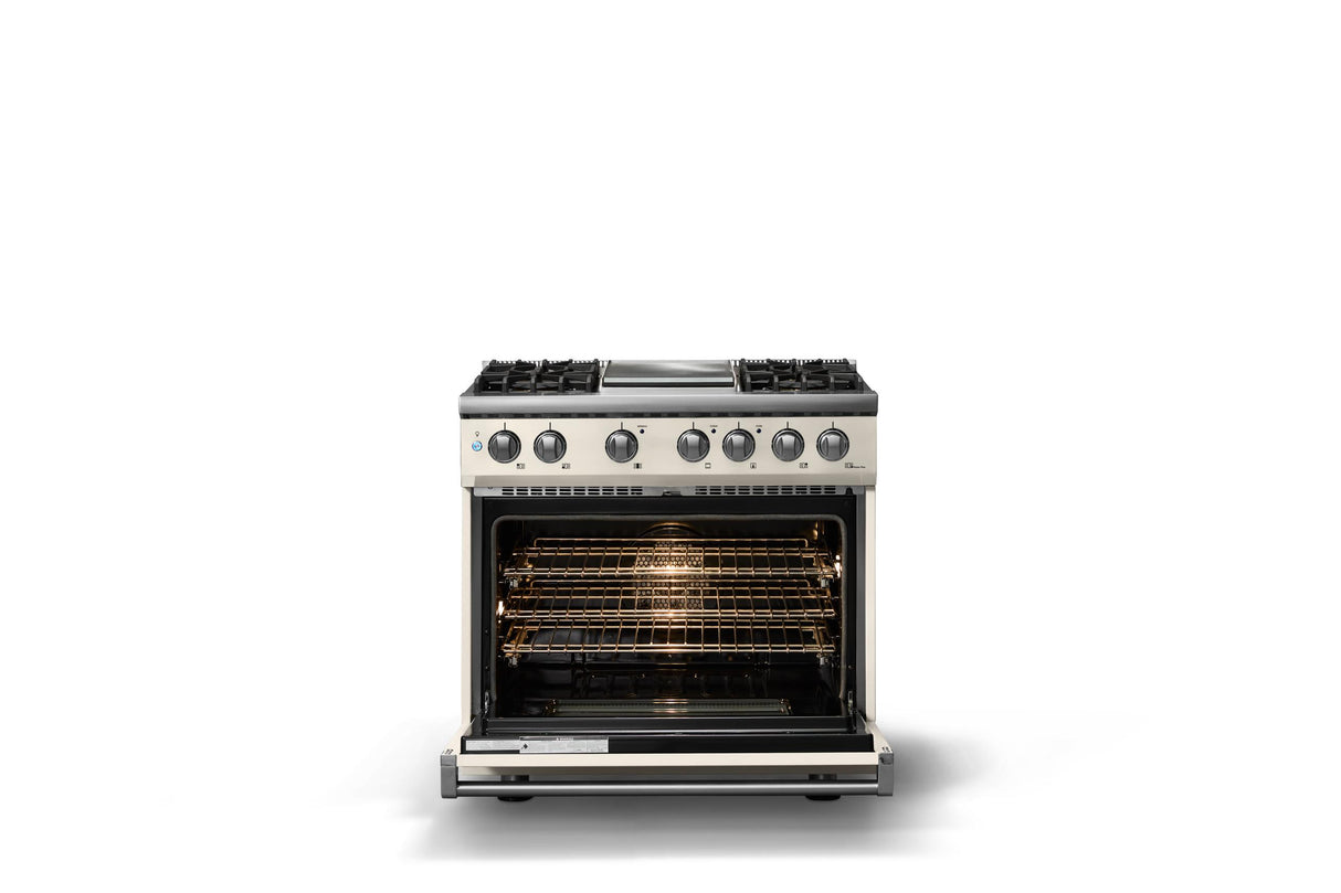 36"W. Dual Fuel Range (Burner: 4g, Finish: Pure White, Trim: Polished Chrome, Fuel: Natural Gas)