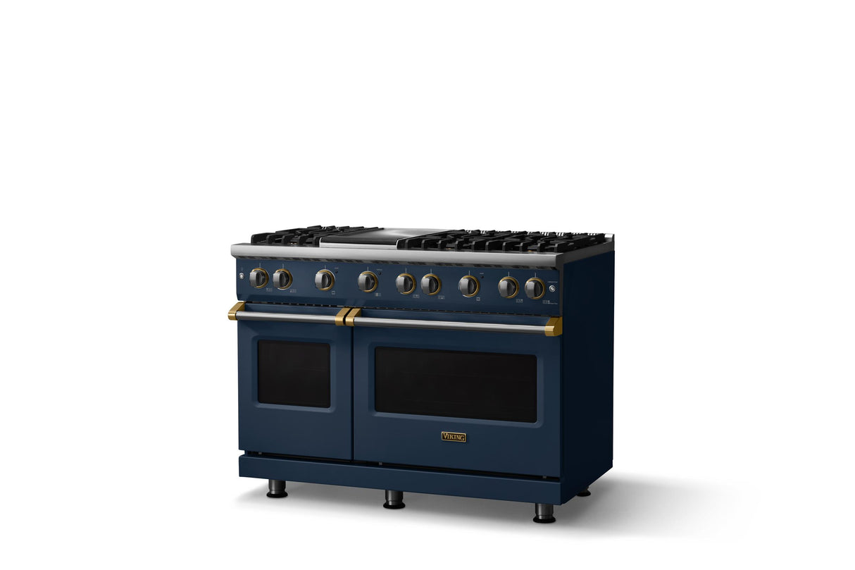48"W. Sealed Burner Gas Range (Burner: 6g, Finish: Slate Blue, Trim: Brushed Brass, Fuel: Natural Gas)