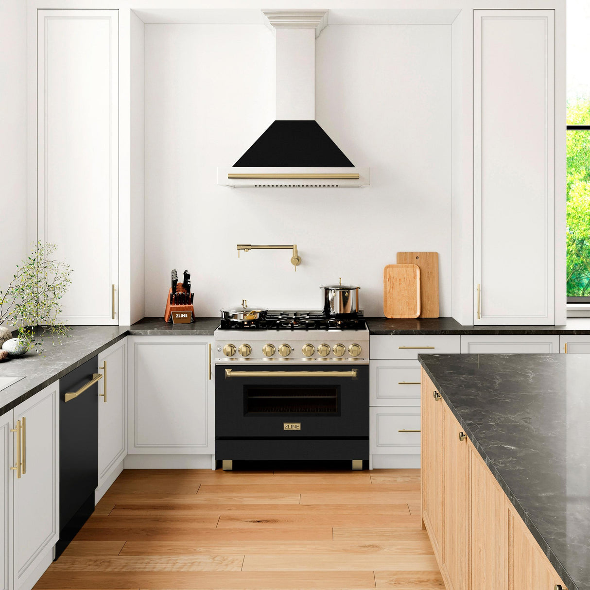 ZLINE 36 in. Autograph Edition Convertible Fingerprint Resistant DuraSnow' Stainless Steel Range Hood with Black Matte Shell and Champagne Bronze Handle (KB4SNZ-BLM36-CB)