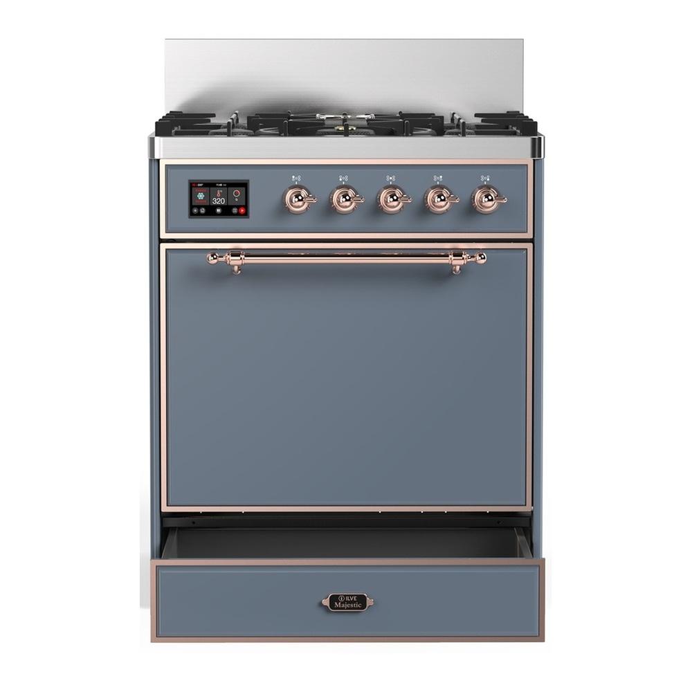 ILVE UM30QNR3BGP Majestic III 30 inch Dual Fuel Range with 5 Black Brass Burners, Dual Function Burner up to 25,000 BTU (Natural Gas, Solid Door, Blue Grey, Copper)