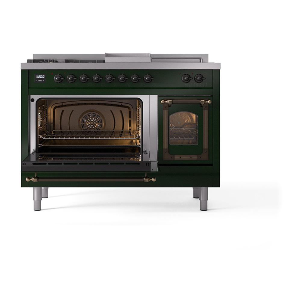 ILVE UN48FSNMPEGBLP Nostalgie II Noblesse 48 inch Dual Fuel Range (5 Sealed Burners + Griddle + French Top, Liquid Propane, Triple Glass Door, Emerald Green, Burnished)