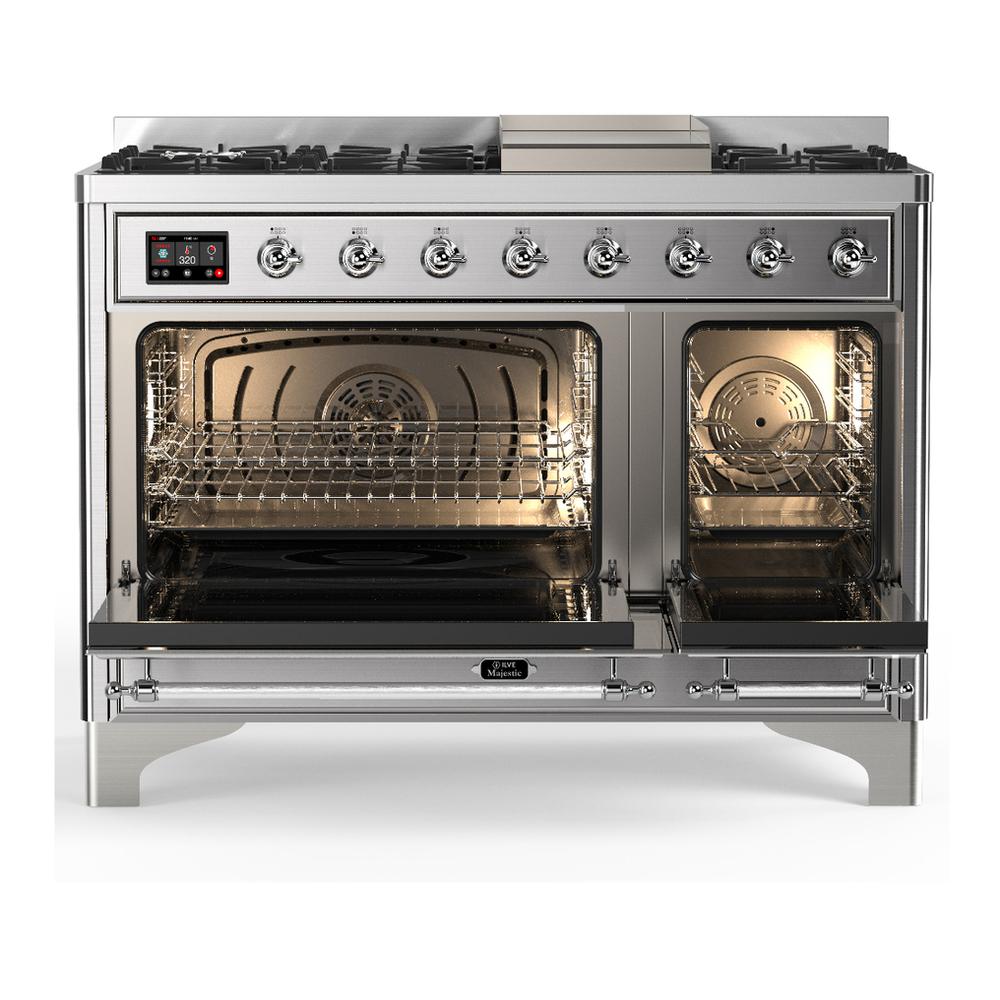 ILVE UM48FNR3SSC Majestic III 48 inch Dual Fuel Range with 8 Burners and Griddle, Dual Function Burner up to 25,000 BTU (Natural Gas, Triple Glass Door, Stainless Steel, Chrome)
