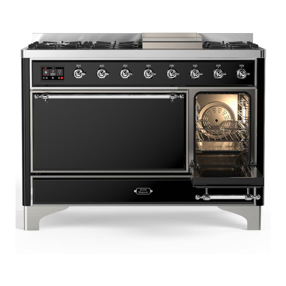 ILVE UM48FQNR3BKCLP Majestic III 48 inch Dual Fuel Range with 8 Burners and Griddle, Dual Function Burner up to 25,000 BTU (Liquid Propane, Solid Door, Glossy Black, Chrome)