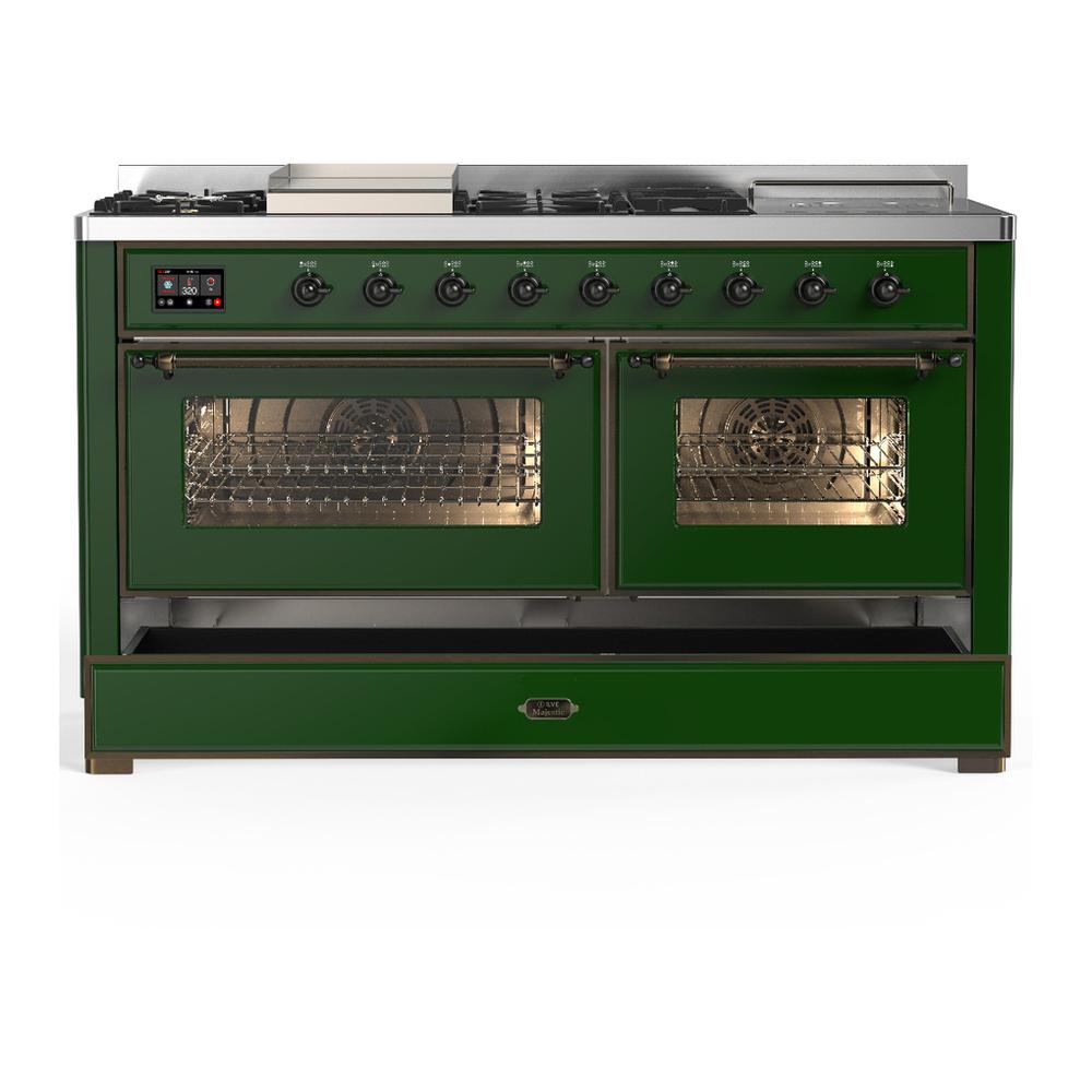 ILVE UM60FSNR3EGBLP Majestic III 60 inch Dual Fuel Range with 7 Burners, Griddle and French Top, Dual Function Burner with up to 25,000 BTU (Liquid Propane, Triple Glass Door, Emerald Green, Burnished)