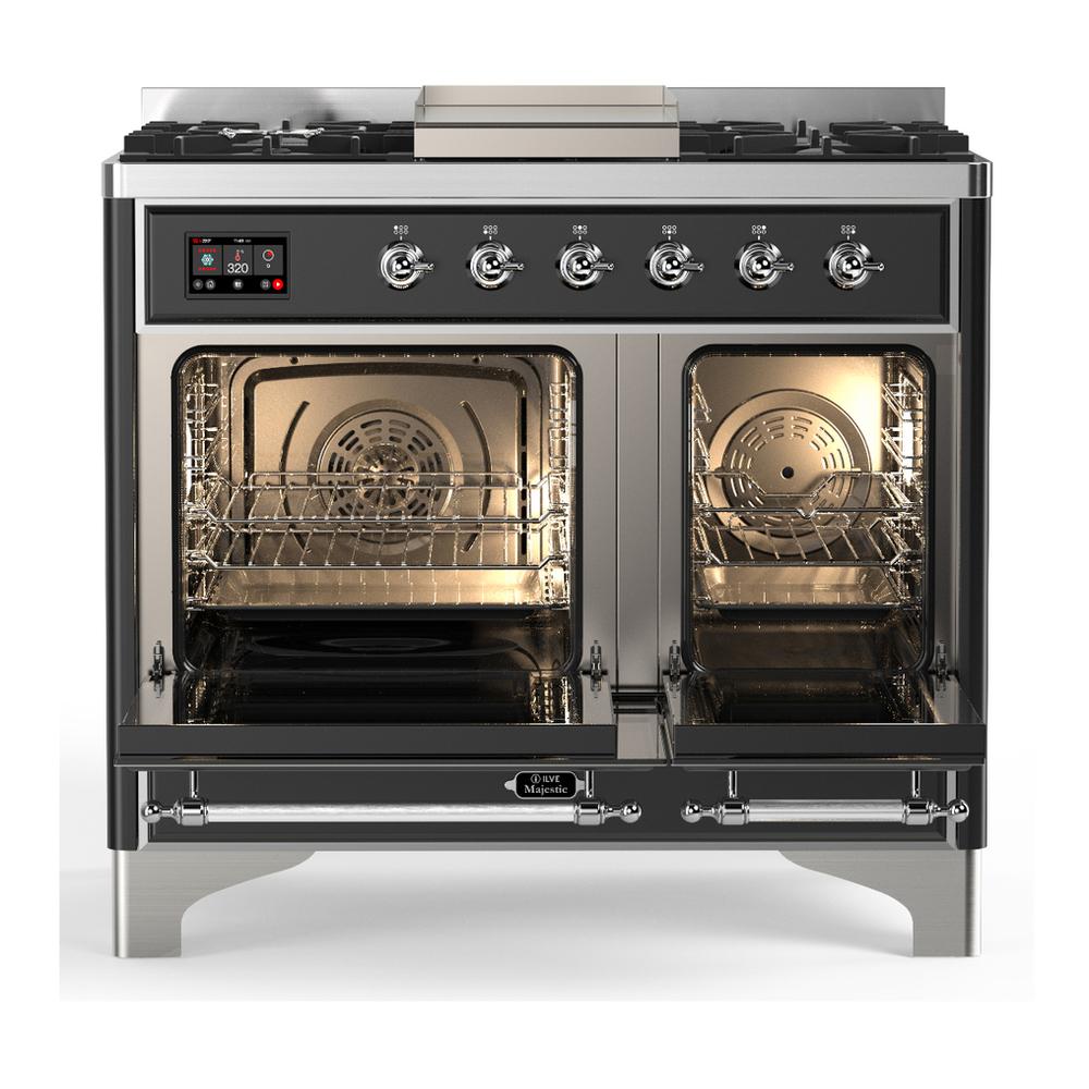 ILVE UMD40FQNR3BKC Majestic III 40 inch Dual Fuel Range with 6 Burners and Griddle, Dual Function Burner up to 25,000 BTU (Natural Gas, Solid Door, Glossy Black, Chrome)