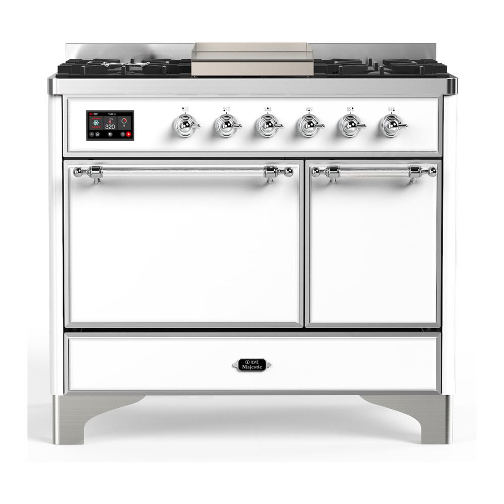 ILVE UMD40FQNR3WHC Majestic III 40 inch Dual Fuel Range with 6 Burners and Griddle, Dual Function Burner up to 25,000 BTU (Natural Gas, Solid Door, White, Chrome)