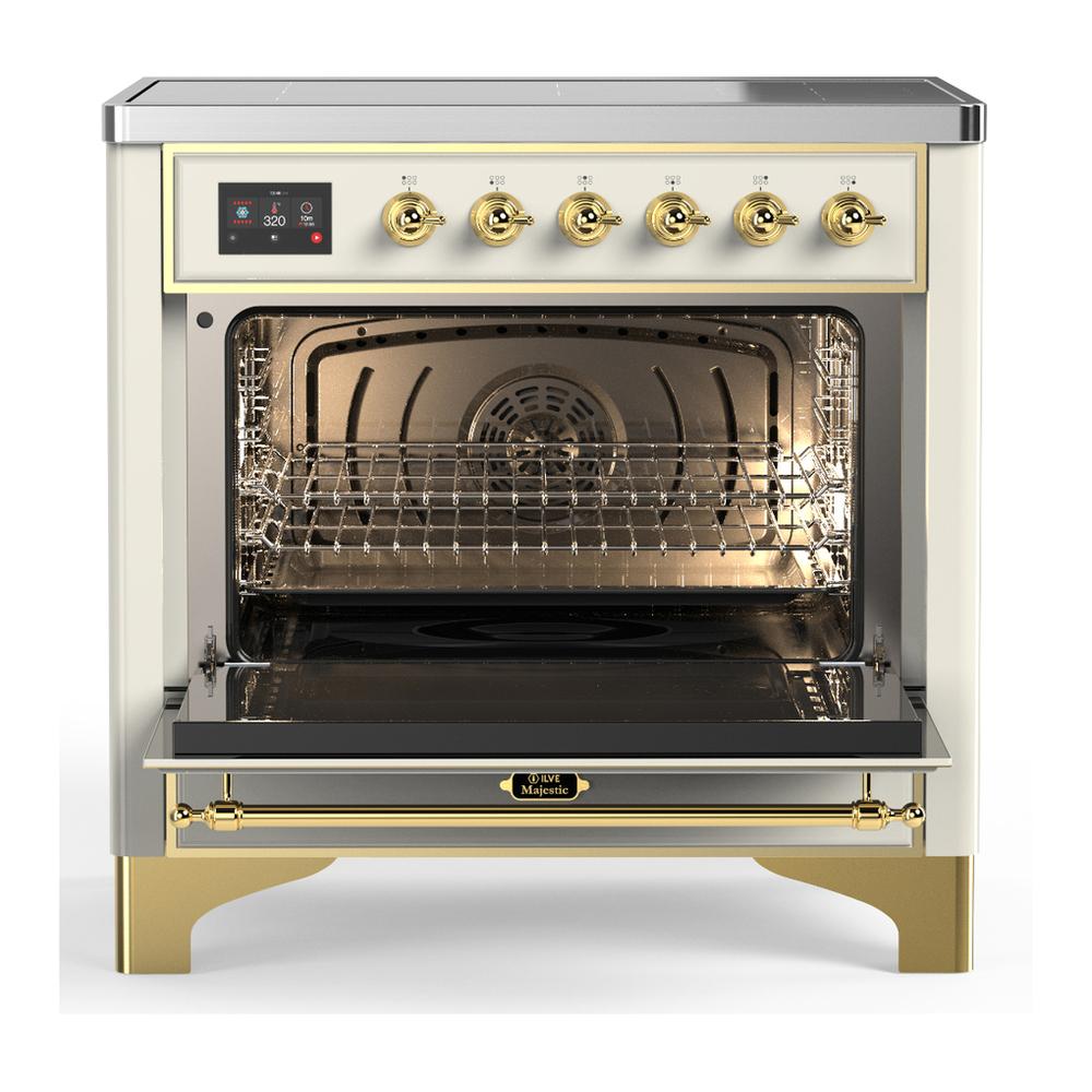 ILVE UMIB36QNR3AWG Majestic III 36 inch Induction Range with 6 Elements, 3.5 cu. ft. Total Oven Capacity (Solid Door, Antique White, Brass)