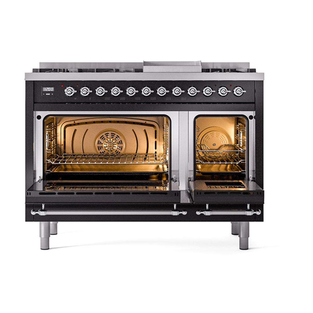 ILVE UN48FQNMPBKCLP Nostalgie II Noblesse 48 inch Dual Fuel Range (8 Sealed Burners + Griddle, Liquid Propane, Solid Door, Glossy Black, Chrome)