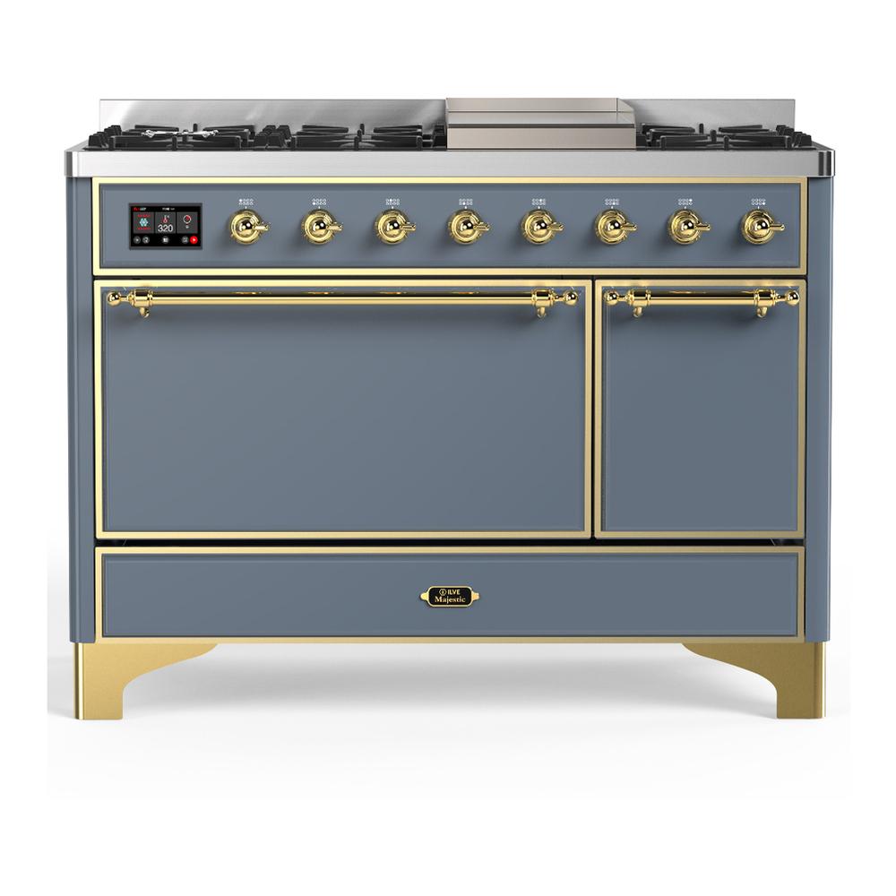 ILVE UM48FQNR3BGGLP Majestic III 48 inch Dual Fuel Range with 8 Burners and Griddle, Dual Function Burner up to 25,000 BTU (Liquid Propane, Solid Door, Blue Grey, Brass)