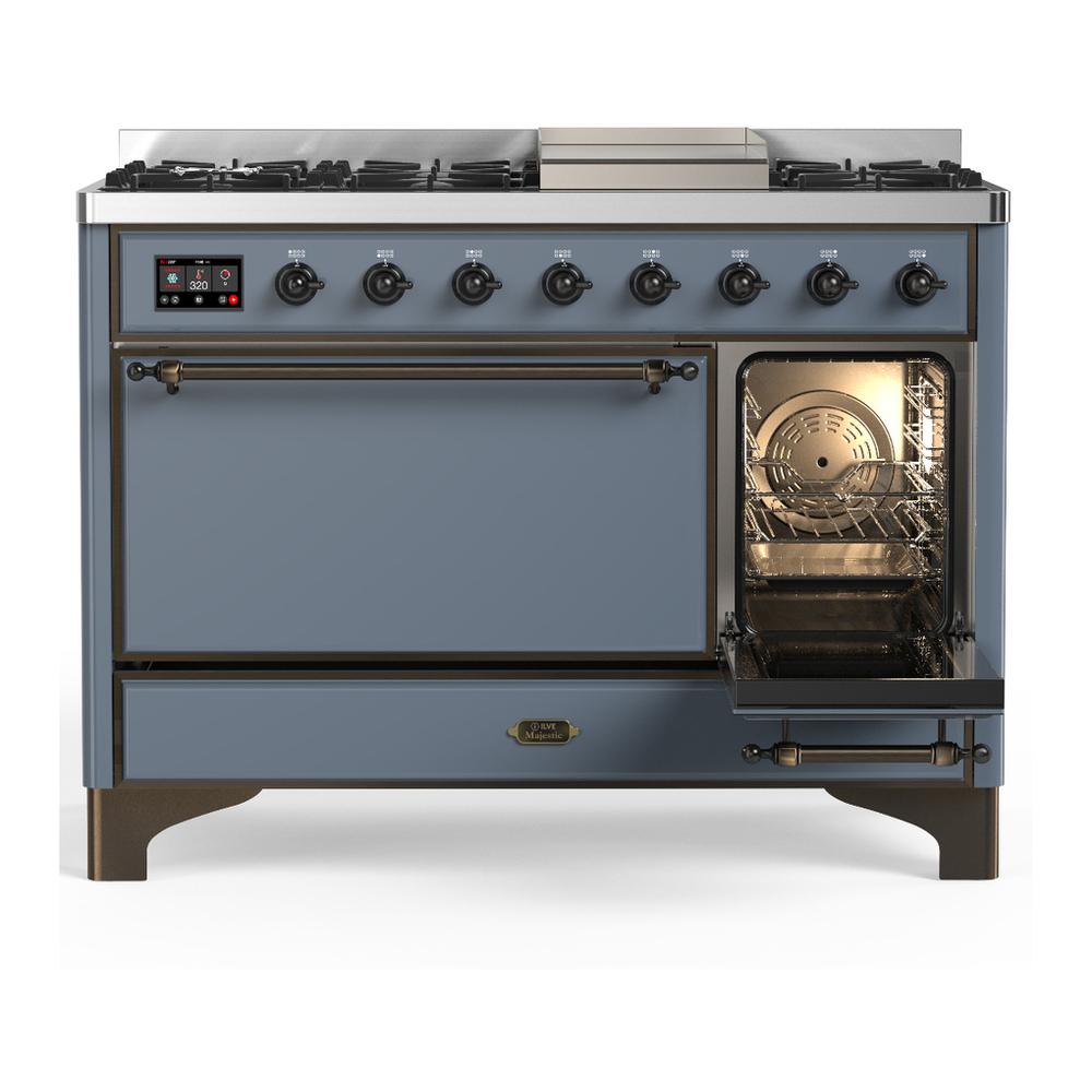 ILVE UM48FQNR3BGB Majestic III 48 inch Dual Fuel Range with 8 Burners and Griddle, Dual Function Burner up to 25,000 BTU (Natural Gas, Solid Door, Blue Grey, Burnished)