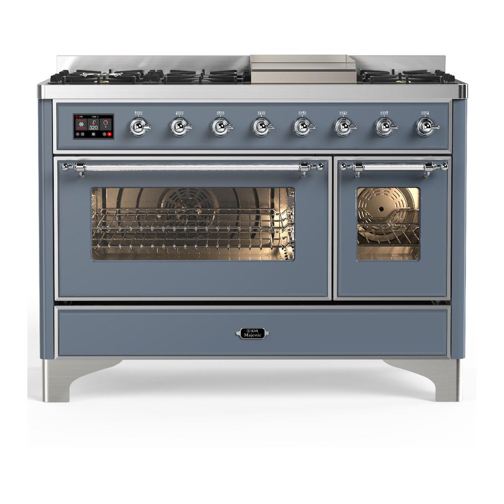 ILVE UM48FNR3BGC Majestic III 48 inch Dual Fuel Range with 8 Burners and Griddle, Dual Function Burner up to 25,000 BTU (Natural Gas, Triple Glass Door, Blue Grey, Chrome)