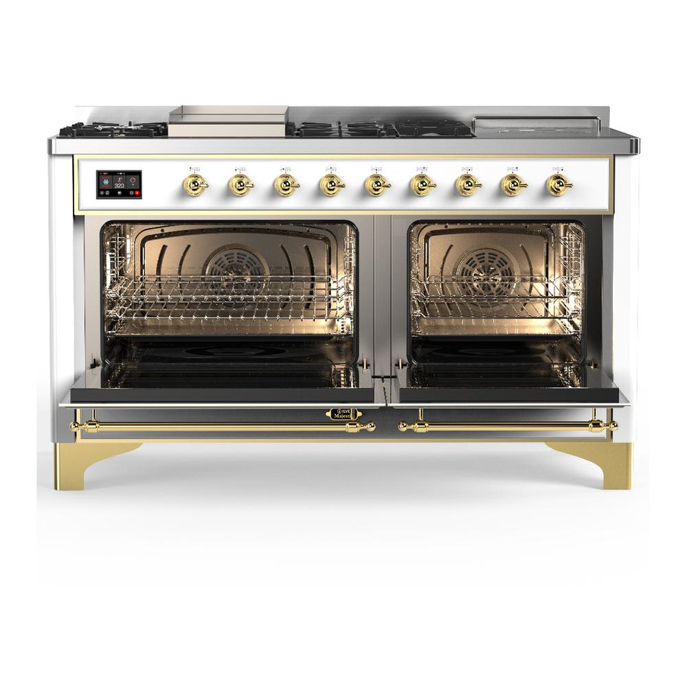 ILVE UM60FSNR3WHG Majestic III 60 inch Dual Fuel Range with 7 Burners, Griddle and French Top, Dual Function Burner with up to 25,000 BTU (Natural Gas, Triple Glass Door, White, Brass)