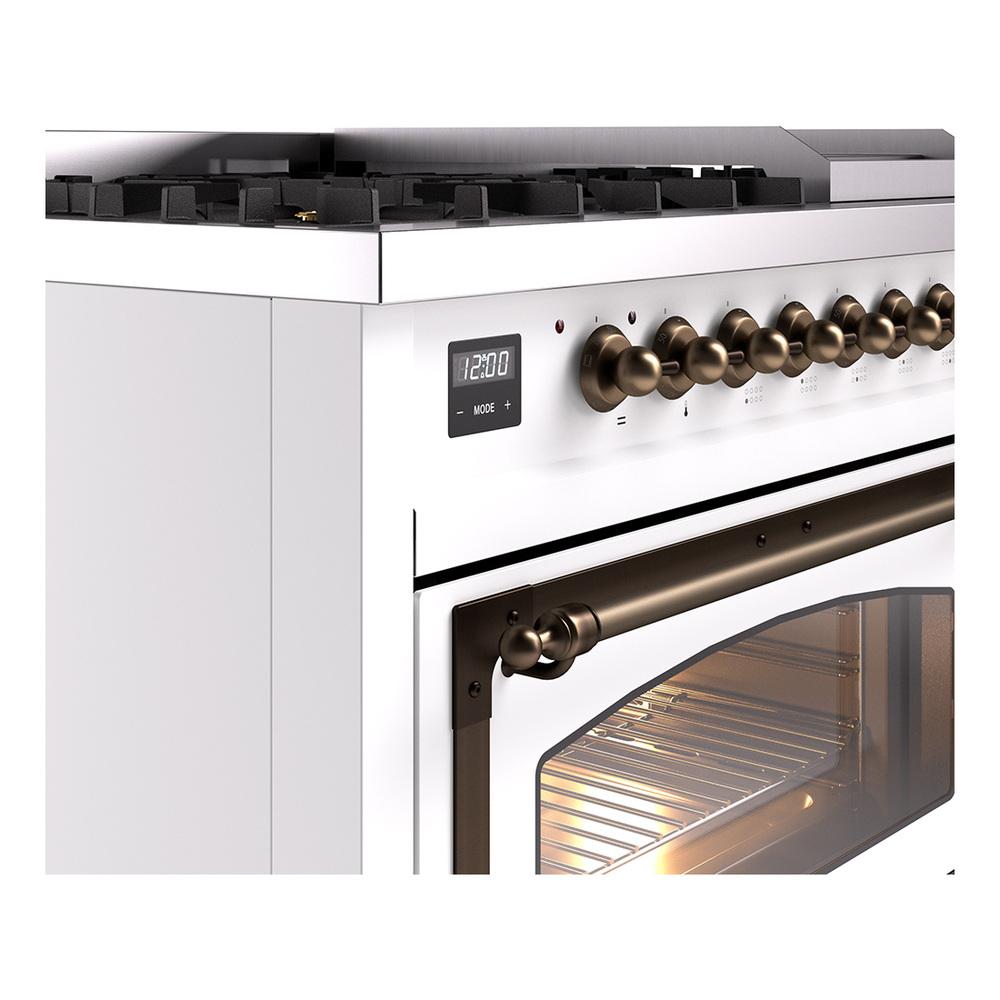 ILVE UN48FNMPWHBLP Nostalgie II Noblesse 48 inch Dual Fuel Range (8 Sealed Burners + Griddle, Liquid Propane, Triple Glass Door, White, Burnished)