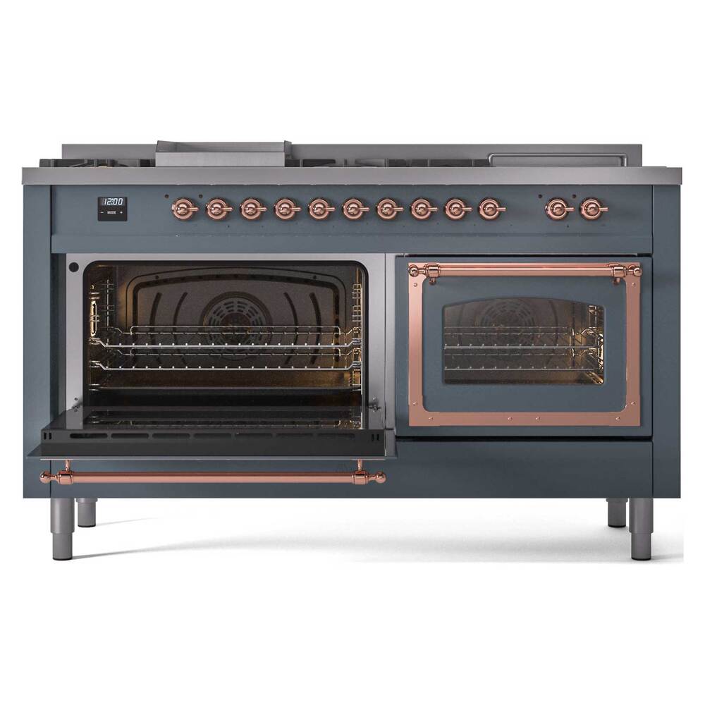 ILVE UN60FSNMPBGP Nostalgie II Noblesse 60 inch Dual Fuel Range (7 Sealed Burners + Griddle + French Top, Natural Gas, Triple Glass Door, Blue Grey, Copper)