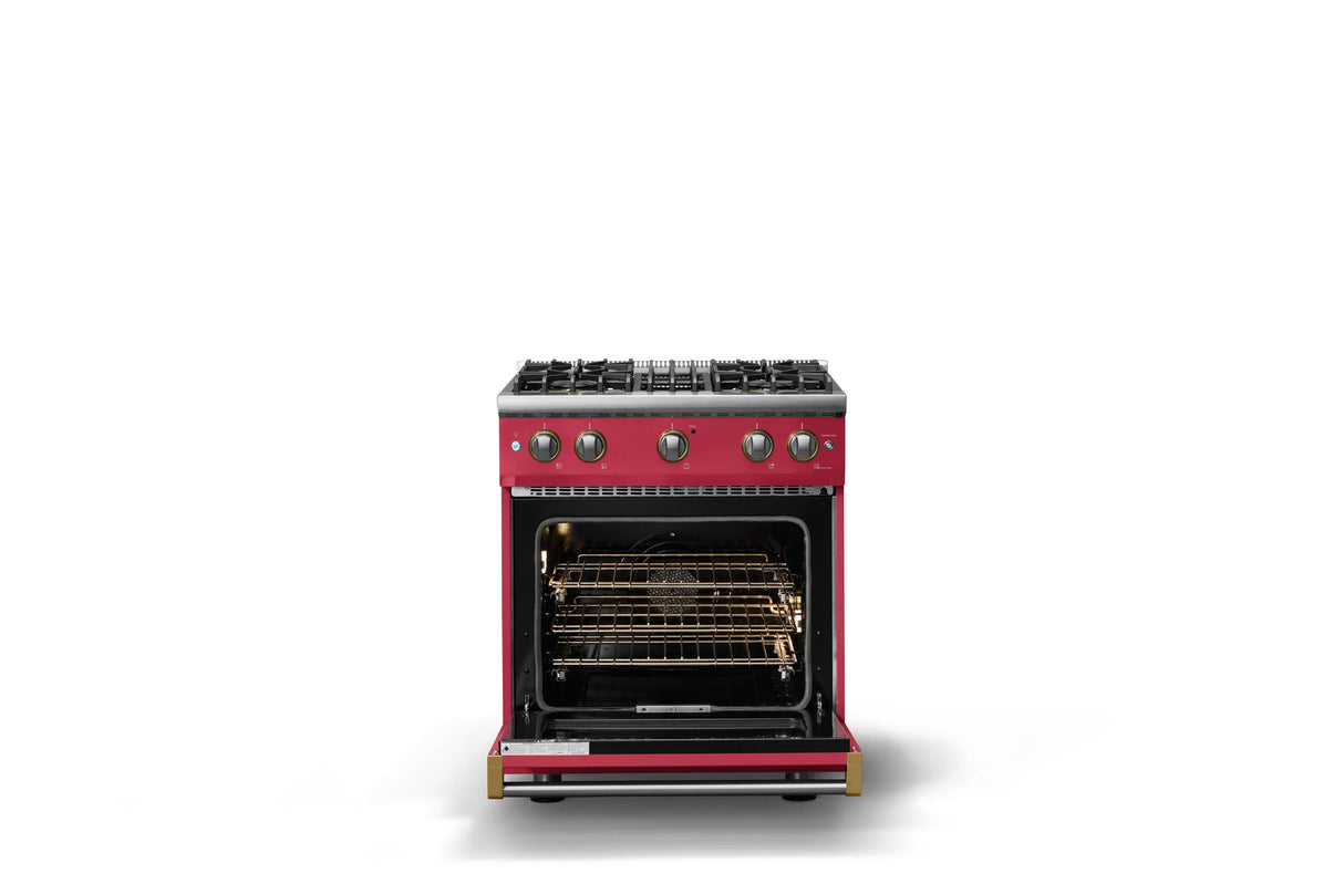 30"W. Sealed Burner Gas Range (Finish: Valentine, Trim: Brushed Brass, Fuel: Natural Gas)