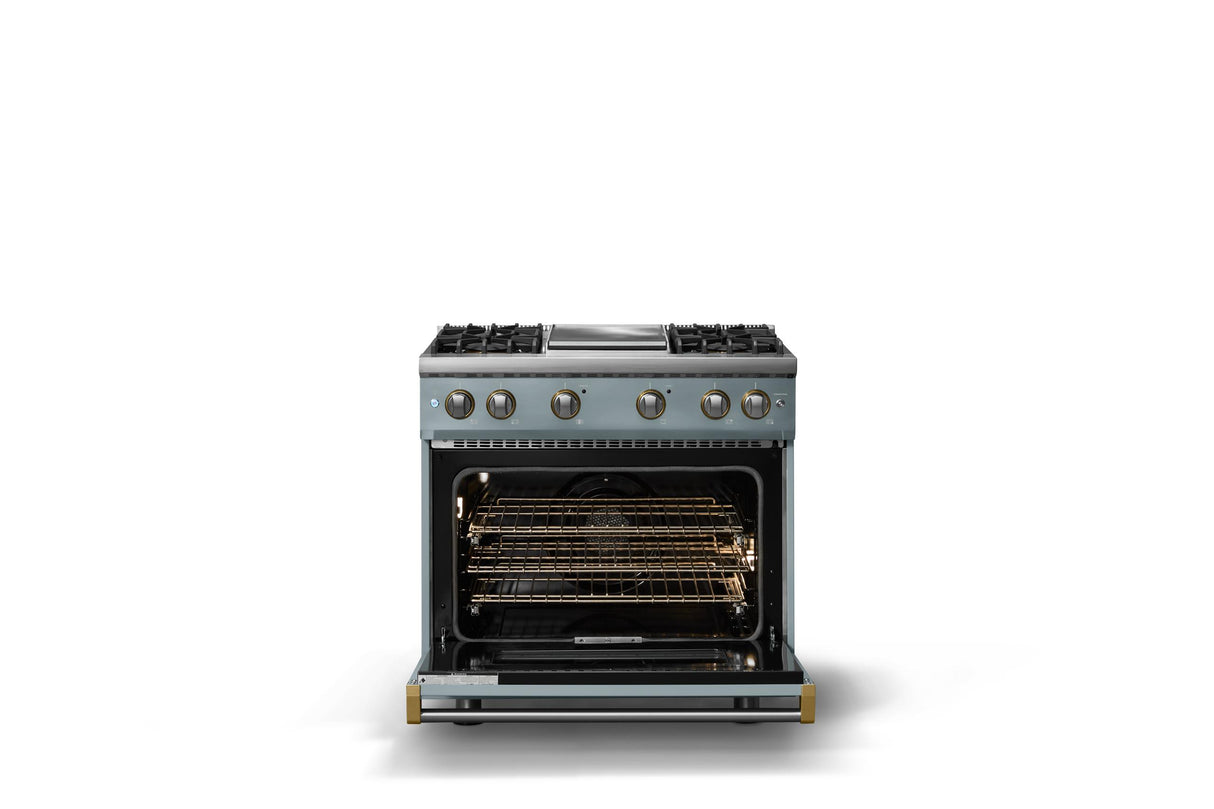 36"W. Sealed Burner Gas Range (Burner: 4g, Finish: November Sky, Trim: Brushed Brass, Fuel: Propane)