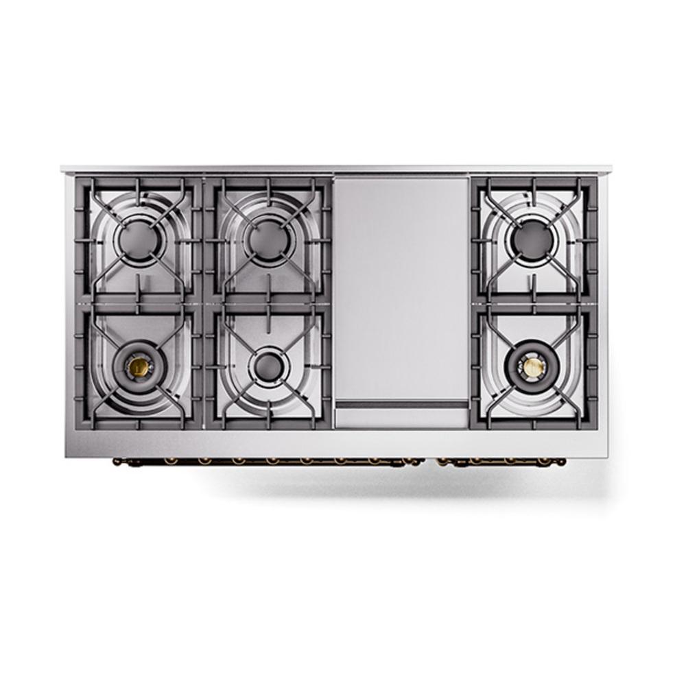 ILVE UN48FNMPBUB Nostalgie II Noblesse 48 inch Dual Fuel Range (8 Sealed Burners + Griddle, Natural Gas, Triple Glass Door, Burgundy, Burnished)