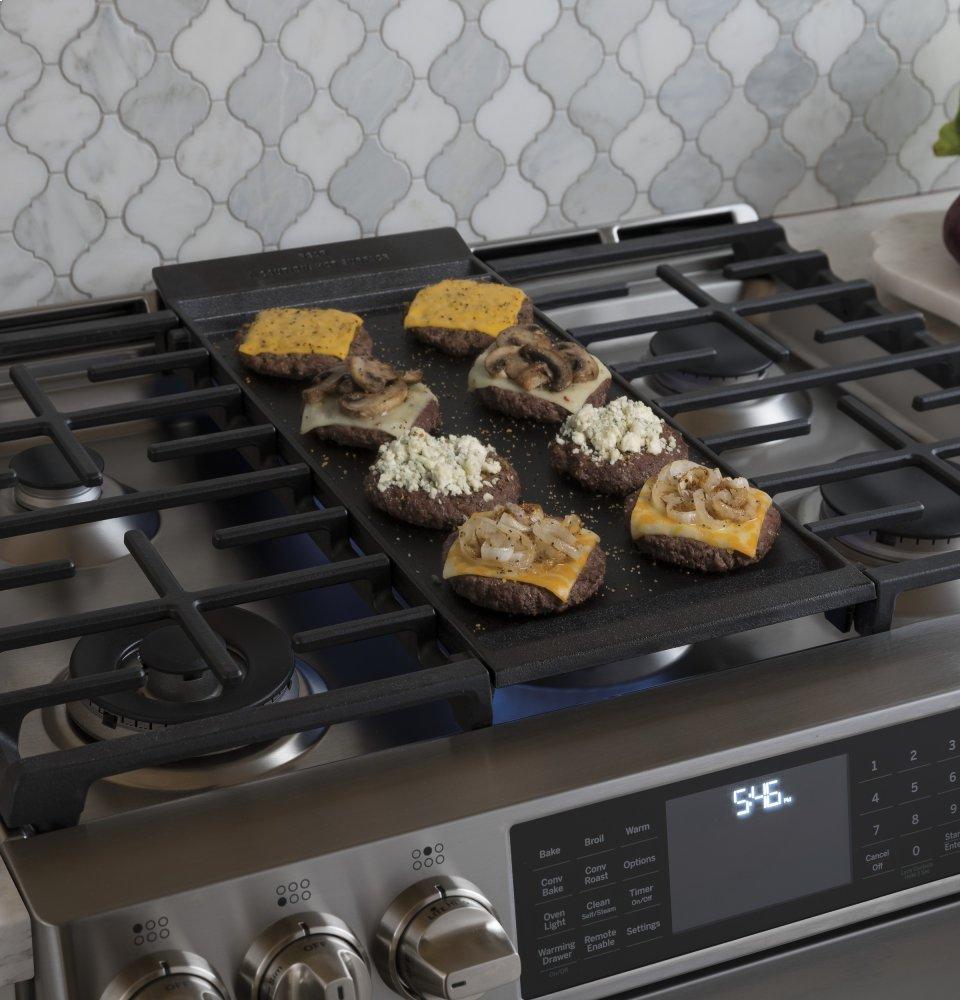 GE Cafe™ Series 30" Slide-In Front Control Dual-Fuel Range with Warming Drawer