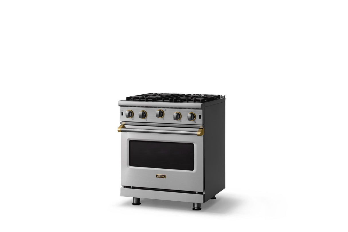 30"W. Open Burner Gas Range (Finish: Stainless Steel, Trim: Brushed Brass, Fuel: Propane)