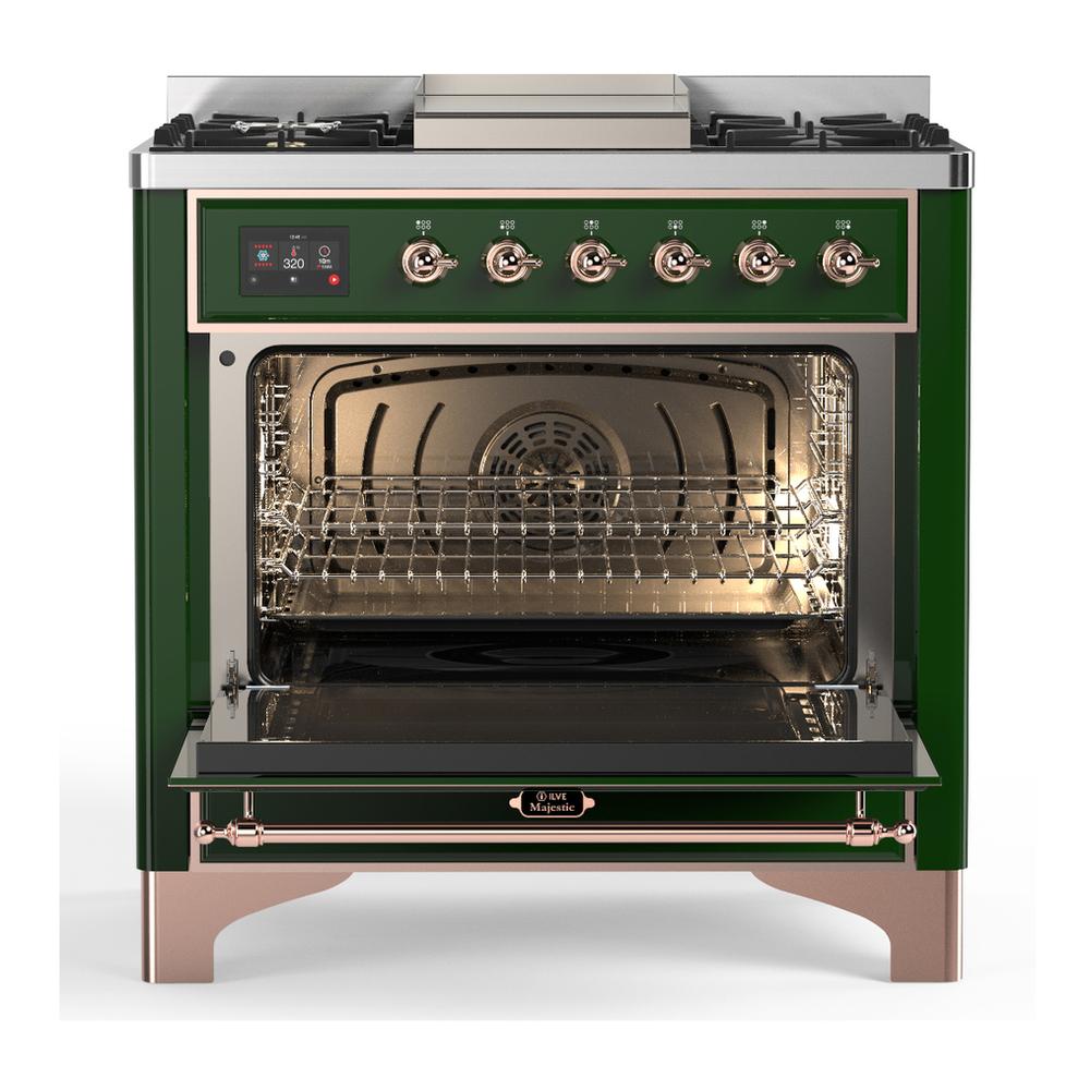 ILVE UM36FNR3EGP Majestic III 36 inch Dual Fuel Range with 6 Black Brass Burners and Griddle, Dual Function Burner up to 25,000 BTU (Triple Glass Door, Emerald Green, Copper, Natural Gas)