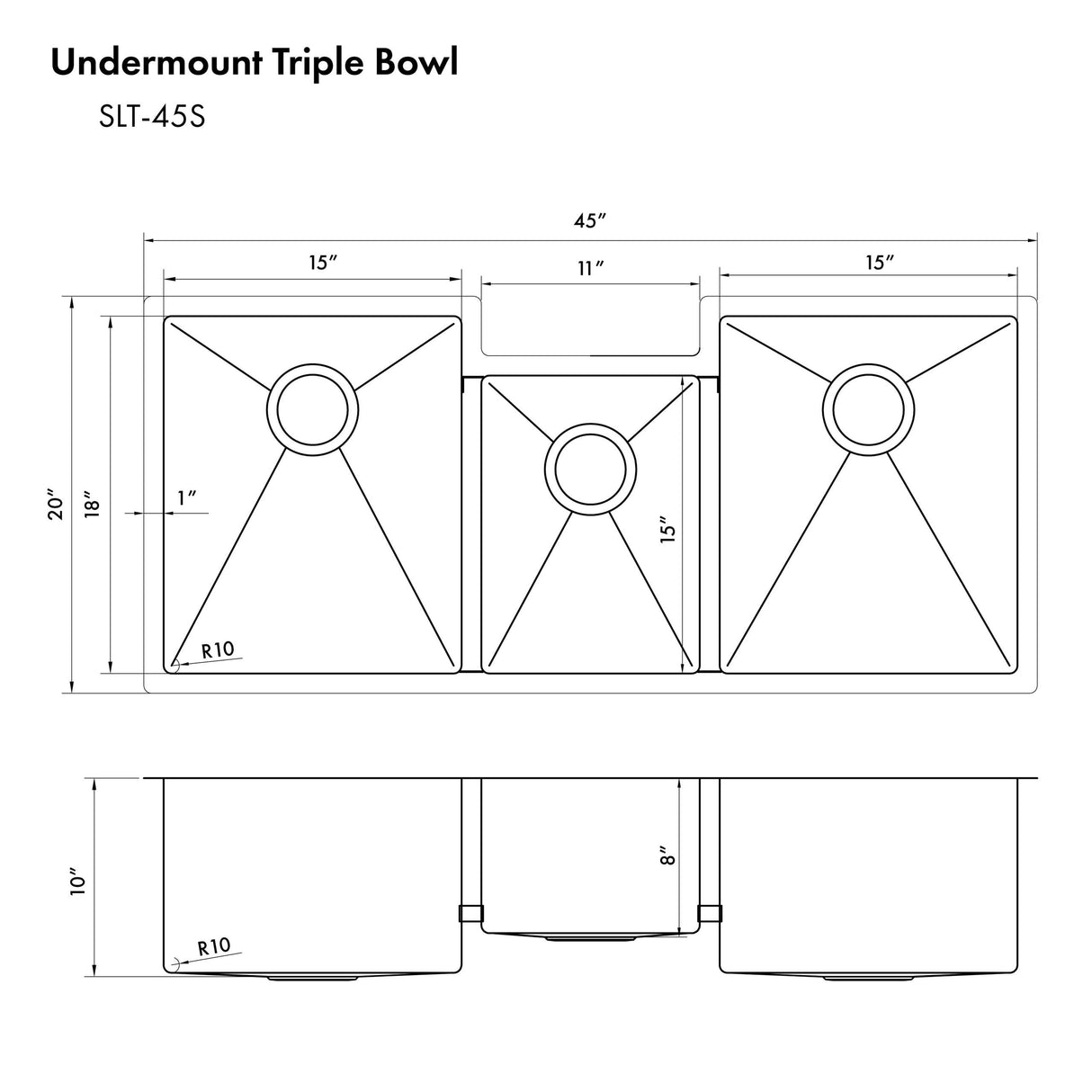 ZLINE 45 in. Breckenridge Undermount Triple Bowl Satin Stainless Steel Kitchen Sink with Bottom Grid (SLT-45S)