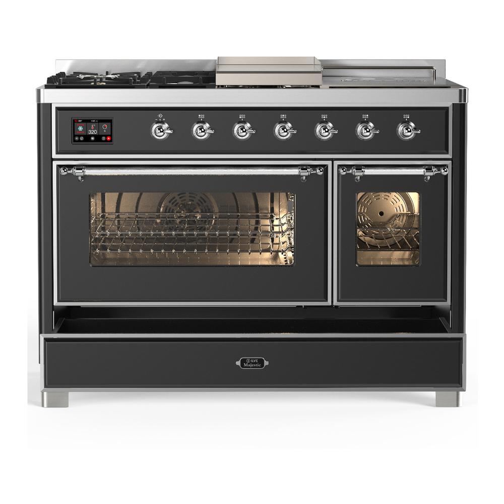 ILVE UM48FSNR3MGC Majestic III 48 inch Dual Fuel Range with 5 Black Brass Burners, Griddle and French Top, Dual Function Burner up to 25,000 BTU (Natural Gas, Triple Glass Door, Graphite Matte, Chrome)