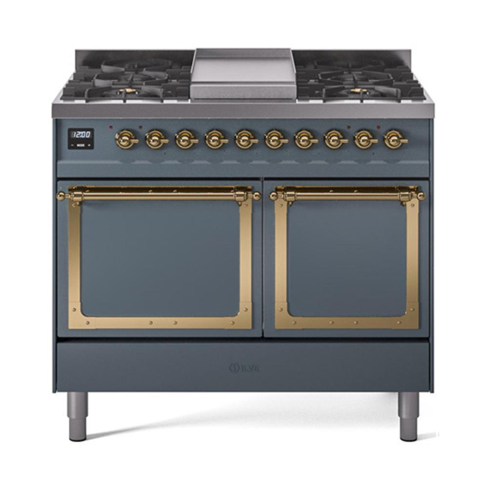ILVE UND40FQNMPBGG Nostalgie II Noblesse 40 inch Dual Fuel Range (Natural Gas, Solid Door, Blue Grey, Brass)
