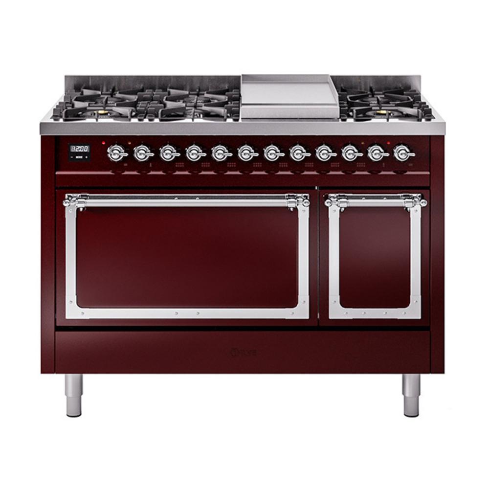 ILVE UN48FQNMPBUC Nostalgie II Noblesse 48 inch Dual Fuel Range (8 Sealed Burners + Griddle, Natural Gas, Solid Door, Burgundy, Chrome)