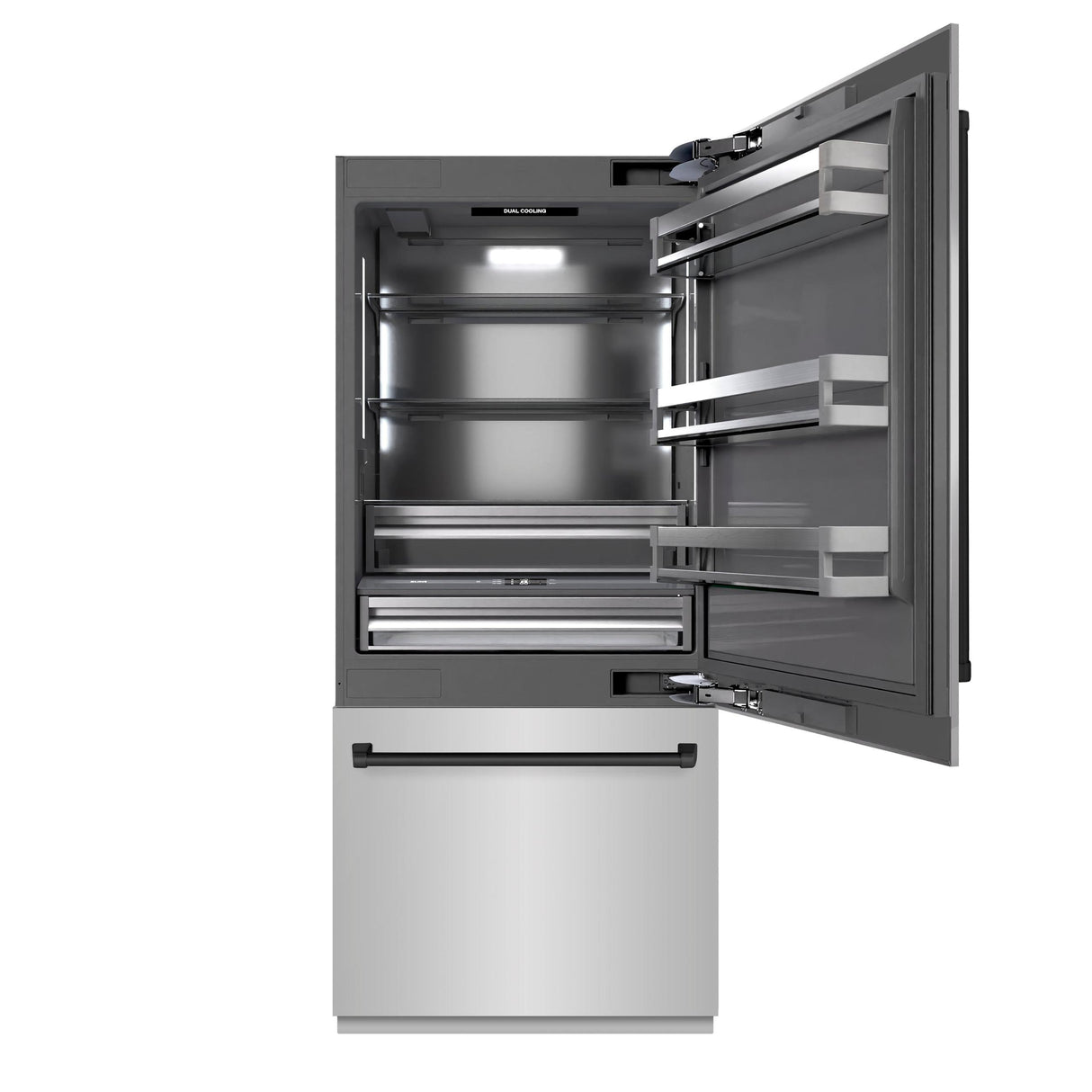 ZLINE Autograph Edition 36 in. 19.8 cu. ft. Built-In Bottom Freezer Refrigerator with Water Dispenser and Ice Maker in Stainless Steel with Graphite Gray Interior and Matte Black Accents (GRBITZ-304-36MB)